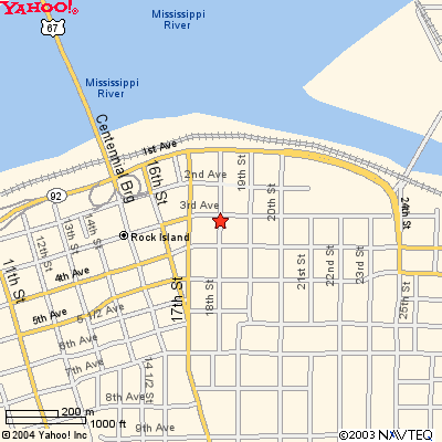 Map of downtown Rock Island with MFCSQC marked by a red star at the intersection of 3rd Avenue and 18th Street